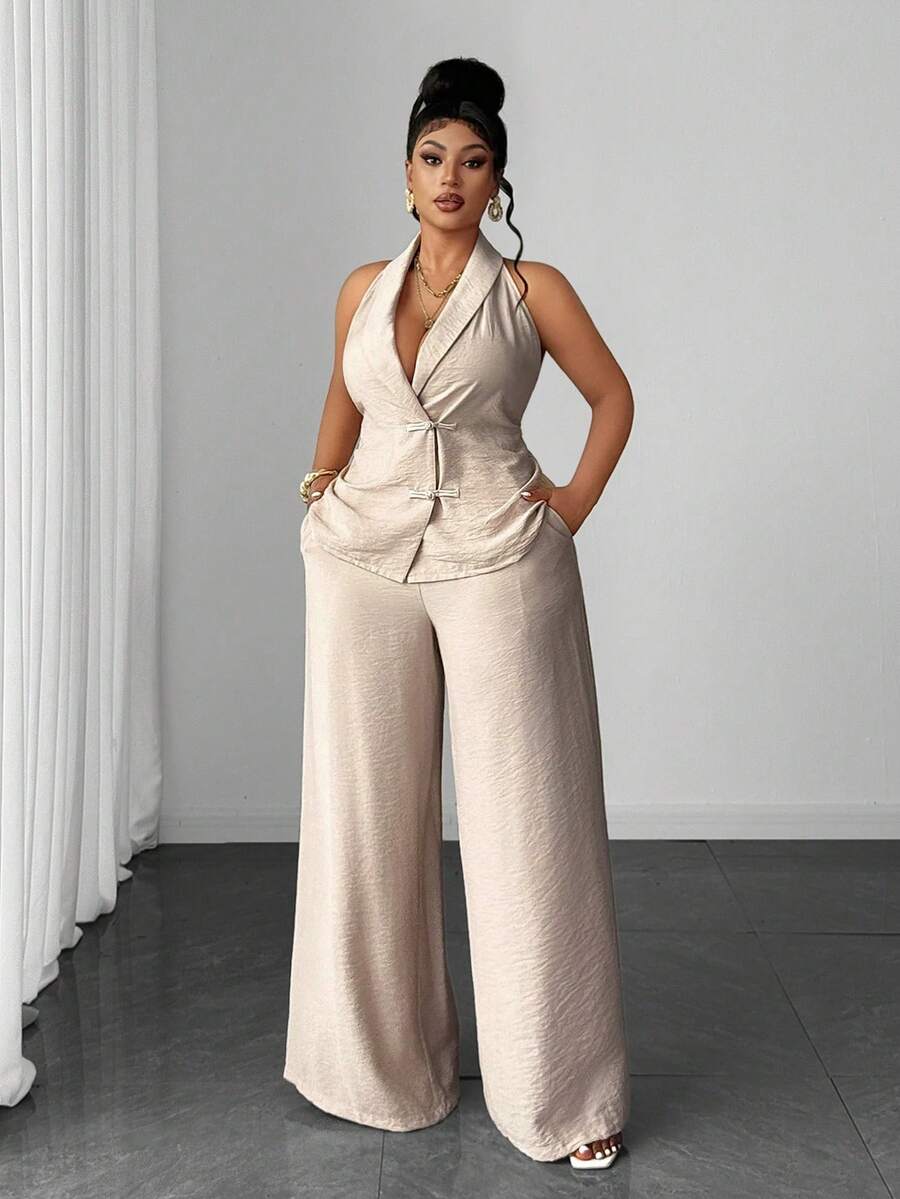 Maweii Plus Size Chinese Style Frog Button Vest & Long Pants Elegant Suit Set - Camel - View 1