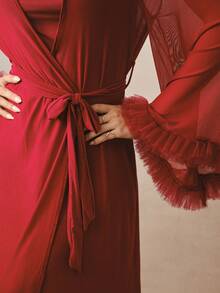 Hourtrue 3D Lace Mesh Long Robe, Cowl Neck Knit Cami Robe, Women's Sleepwear Set - Burgundy - View 10