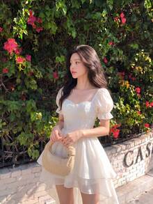SHEIN MOD Của phụ nữ Hoa Dệt hoa Ống tay áo Bánh Nhiều lớp Ruffle Retro Đầm - trắng - Xem 5