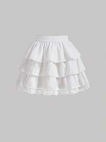 SHEIN MOD Contrast Lace Layer Hem Skirt Ruffle Skirtskirt White - White - View 4