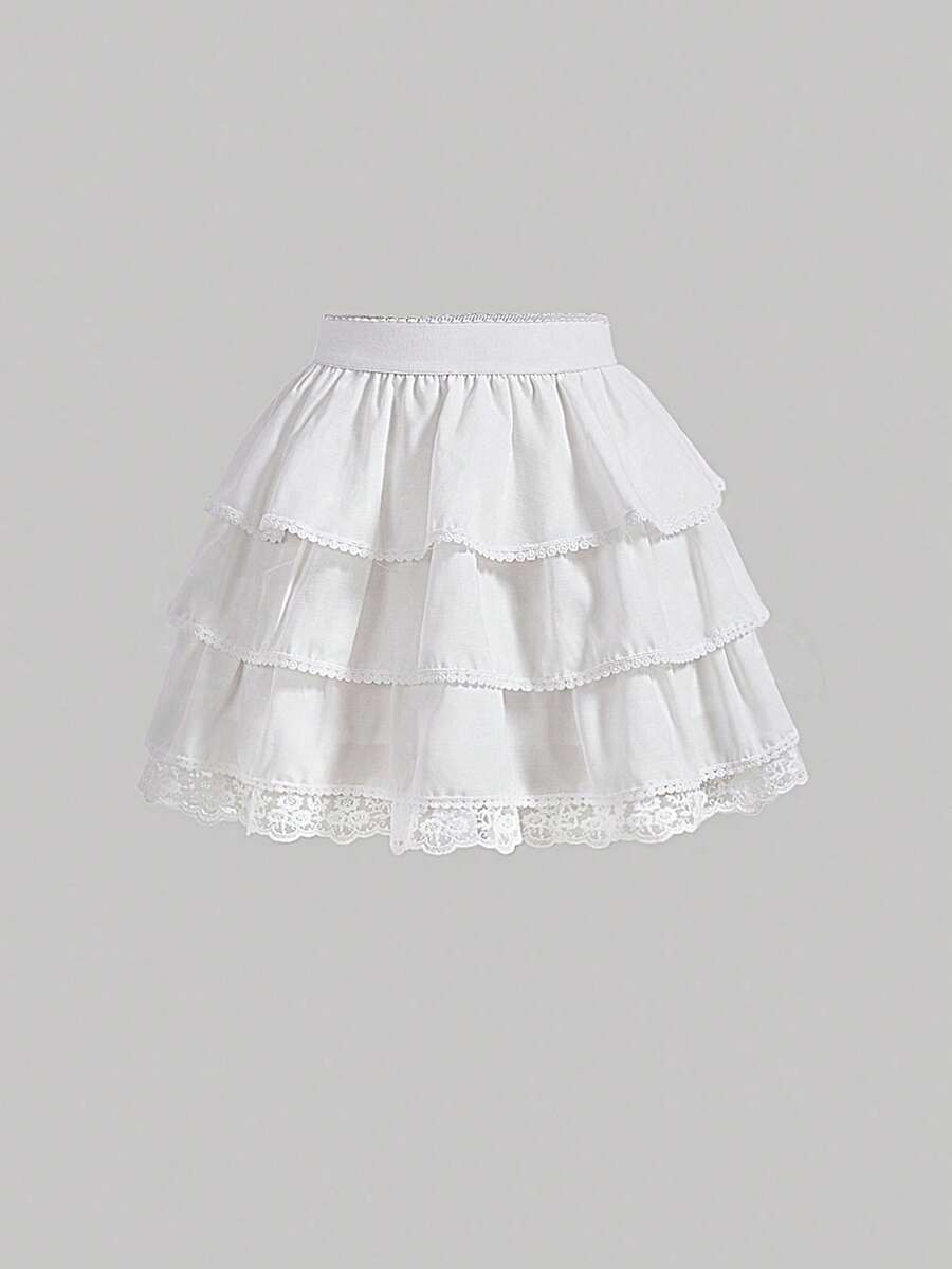 SHEIN MOD Contrast Lace Layer Hem Skirt Ruffle Skirtskirt White - White - View 1