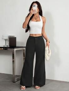 SHEIN PETITE 夏季新款低腰休閒個性化西裝長褲 教師節辦公商務黑色 - 黑色 - 查看 3