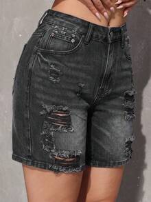 SHEIN PETITE Celana Pendek Denim Kasual Wanita untuk Sehari-hari dengan Saku, Kancing, dan Desain Lusuh (Jorts) - Hitam - View 3