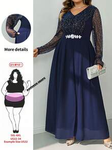 SHEIN CURVE+ فستان مقاس كبير مزين بالترتر والشبكة مع رقعات وأكمام طويلة وزينة من أحجار الراين على الخصر أنيق، شتاء 2026 22W خريف - أزرق بحري - مشاهدة 1