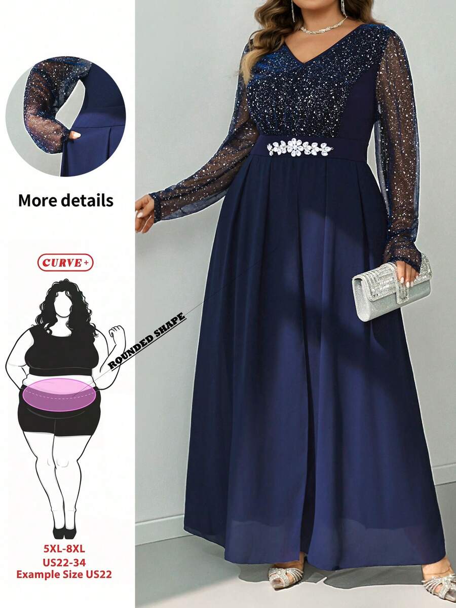 SHEIN CURVE+ فستان مقاس كبير مزين بالترتر والشبكة مع رقعات وأكمام طويلة وزينة من أحجار الراين على الخصر أنيق، شتاء 2026 22W خريف - أزرق بحري - مشاهدة 1