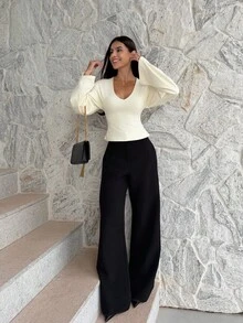 Yohana Edit 2025 Damen Winter Bluse in Cremeweiß, Herbst mühelos elegant einfarbiges Top mit tiefem V-Ausschnitt, Glockenärmel lässige Oberteile für Brunch, Pendeln, Zuhause Sommer - Beige - Übersicht 6