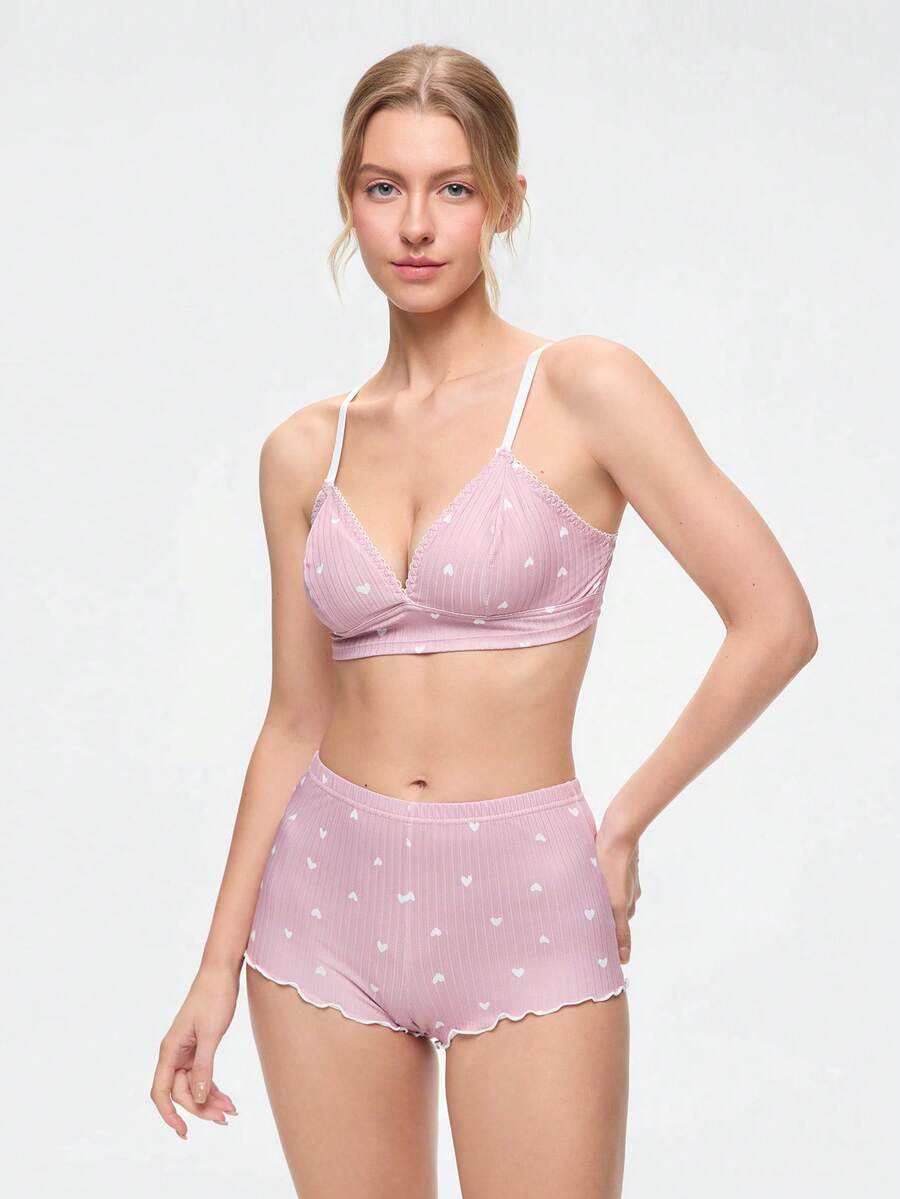 Bonmuse 3 件套女士纯色心形印花荷叶边内衣文胸和松紧腰短裤睡衣套装两件套女士 2 件套,卡哇伊 - 彩色 - 查看 1