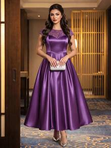 SHEIN Lady CURVE Plus Size Women's Lace Patchwork Elegant French Style Evening Formal Wedding Guest Dress For Party Wedding And Birthday Purple Summer Graduation - Purple - View 7