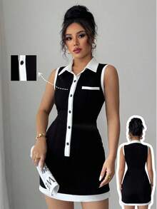 Women Contrast Collar Buttoned Sleeveless Mini Dress - Black - View 4