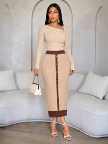 SOLERSUN Women's Elegant Casual Color-Block Trim Skirt With Button Detail - Khaki - View 5