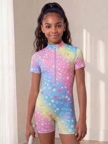 SHEIN 少女可愛星星印花短袖前開襟拉鍊運動連身褲，返校季秋冬新品 - 彩色 - 查看 6