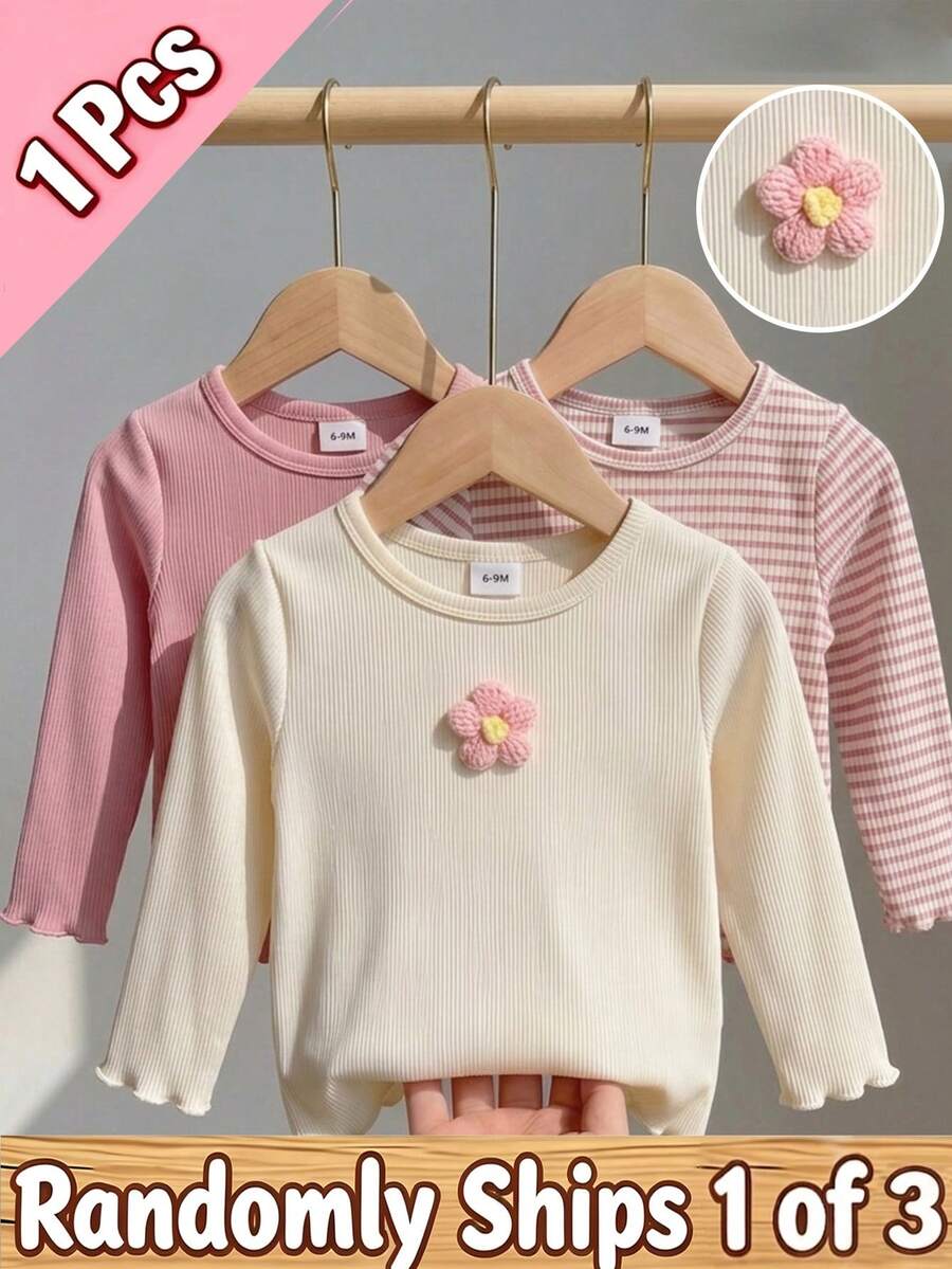 Souflis Souflis 1 Random Item From 3 Girls' Ribbed Long Sleeve Top, 3D Crochet Floral Decoration, Wavy Ruffle Hem And Cuffs, Suitable For Spring And Autumn - Apricot - View 1