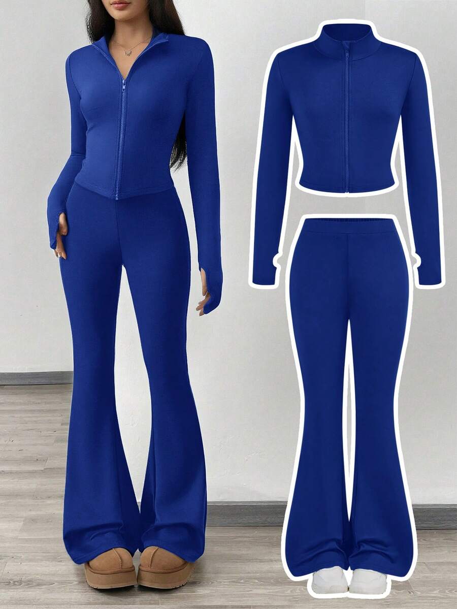 SHEIN Girlism NovaGlow 青少年女孩運動休閒日常針織素色開襟外套與喇叭長褲套裝 - 藍色 - 查看 1