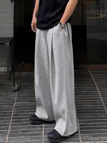 DAZY Men's Long Gray Pleated Design Elastic Waist Loose Wide Leg Sweatpants - Light Grey - View 3