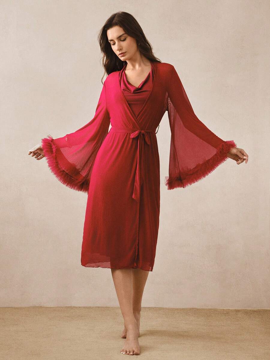 Hourtrue 3D Lace Mesh Long Robe, Cowl Neck Knit Cami Robe, Women's Sleepwear Set - Burgundy - View 1