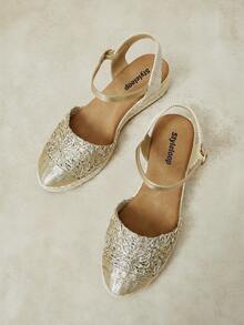 Styleloop Zapatos de cuña y plataforma para mujer, sandalias tejidas con flor hueca y brillo metálico, ropa de vacaciones, artículos esenciales de viaje, estilo bohemio - Dorado - Ver 6