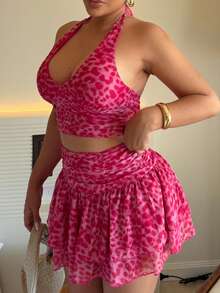 Maria Perezxox Women's Pink Leopard Print Halter V-Neck Bodysuit & Layered Ruffle Hem Mini Skirt Set,Summer Y2k Holiday Vacation Holiday Resort Style Beach Elegant - Multicolor - View 5