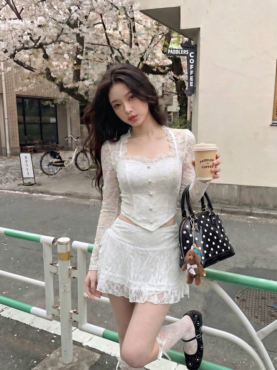SHEIN MOD Lace Floral Patchwork Long Sleeve Women's Top
