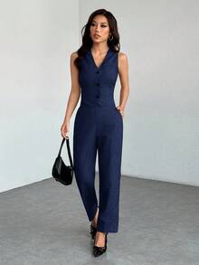 SHEIN PETITE 休閒無袖開襟背心與長褲兩件套女款套裝，適合辦公室穿著，商務女性秋冬裝扮 - 藏蓝色 - 查看 1