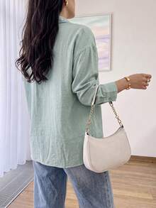 Solavon Women's Solid Color Casual Versatile Daily Long Sleeve Shirt - Blue - View 3