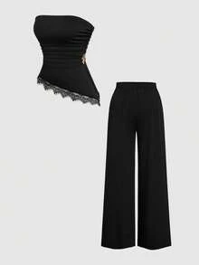 Sweetra Plus Size Lace Patchwork Metal Decor Tube Top And Long Pants Casual Daily 2 Pieces Set - Multicolor - View 1