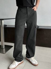 DAZY 秋季男士素色工裝口袋直筒寬鬆休閒長褲 - 黑色 - 查看 8