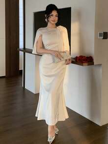 DAZY Women's Elegant Party 3D Floral Decor Shawl Mermaid Tail Long Dress - Apricot - View 7