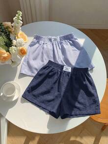 Comfortcana 2件組女款夏季休閒寬鬆短褲，亞麻蝴蝶結條紋短褲與藍色抽繩圍裹短褲套裝，適合海邊度假，超短短褲 - 彩色 - 查看 7