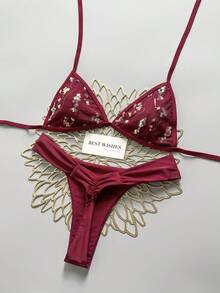 Swim Mod 女款兩件式亮片刺繡三角綁帶上衣與抓皺比基尼泳褲泳衣套裝，夏季海灘女孩泳裝 - 酒紅色 - 查看 3