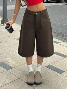 SHEIN 青少年女孩卡其色牛仔寬鬆短褲 - 卡其色 - 查看 3