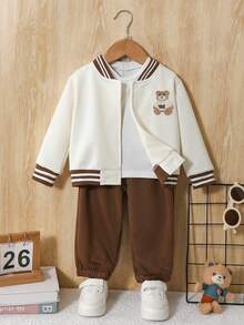 SHEIN Playful Pals 2件組男嬰休閒日常百搭運動簡約字母印花夾克外套與長褲套裝，適合外出穿著 - 卡其色 - 查看 9