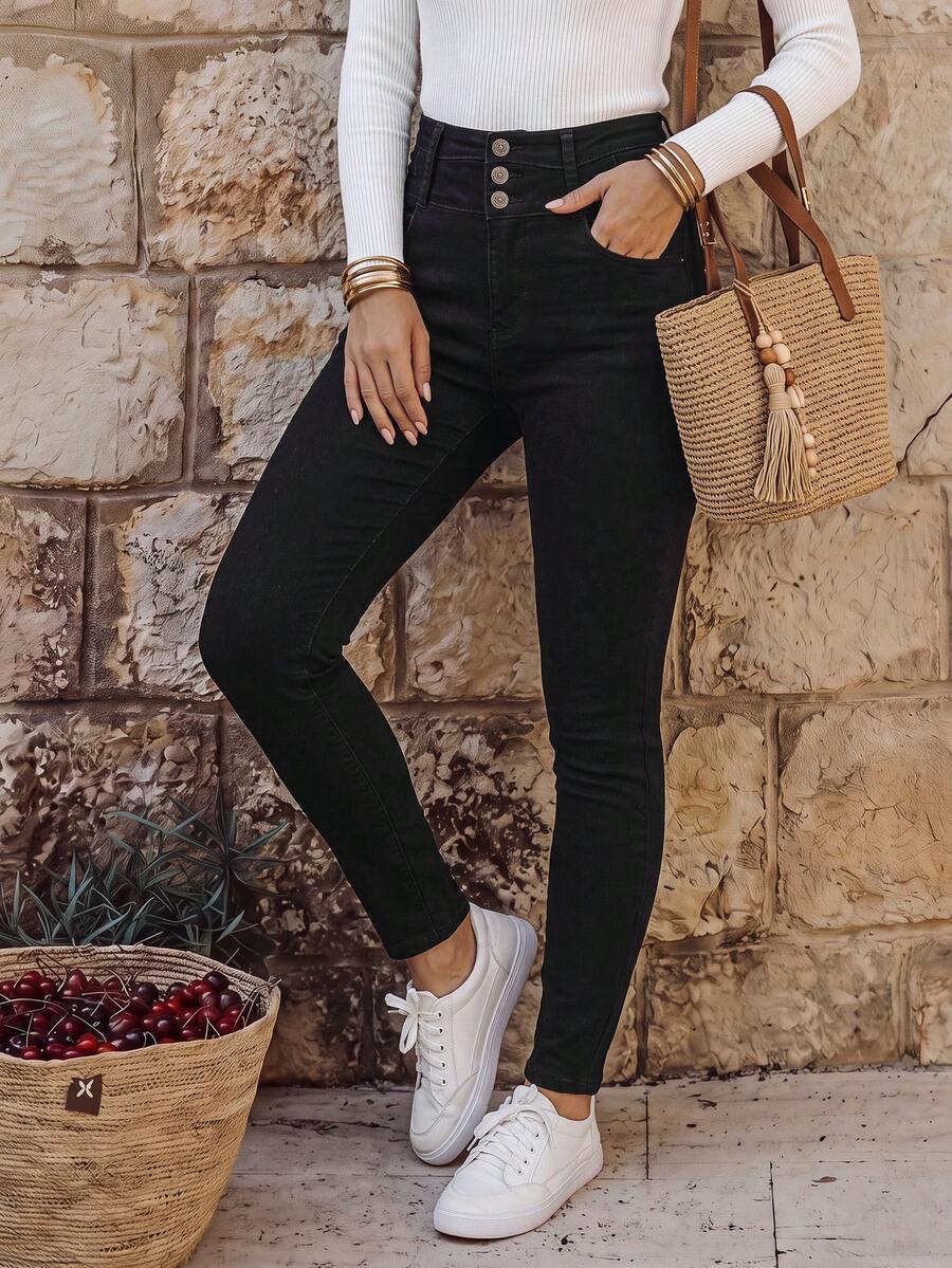 EMERY ROSE High Waist Button Fly Skinny Jeans - Black - View 1