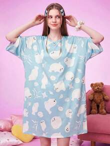 Notgurli Moo Moo House Dress Seal Cute Print Loose Pocket Nightgown Home & Living - Multicolor - View 7