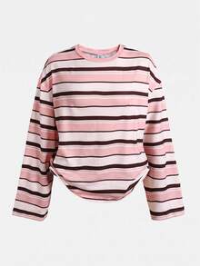SHEIN 青少年女孩秋季新款彩色條紋休閒簡約寬鬆長袖T恤 - 粉色 - 查看 6