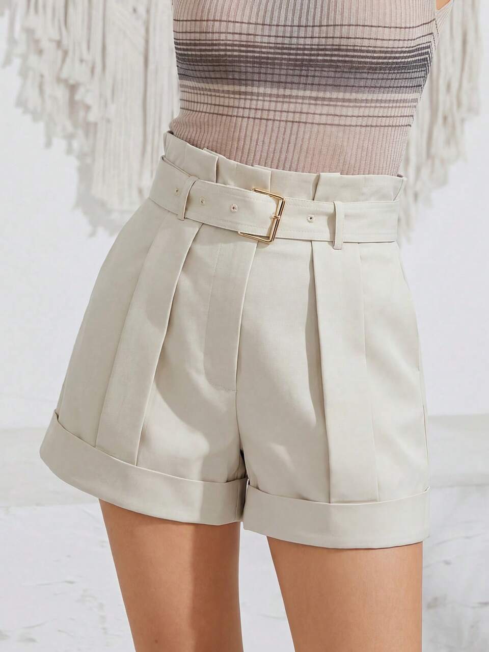 Women's Straight Leg Shorts With Belt, Casual And Versatile
