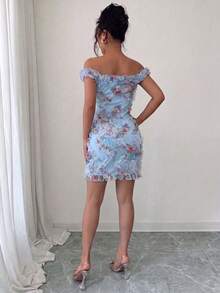 Selianne Women's Light Pink Spring/Summer Off-The-Shoulder Elegant Romantic Mesh Printed Ruched Waist Short Dress, Suitable For Wedding Season, Party, Date, Shopping And Other Occasions - Blue - View 2