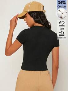 SHEIN BASICS 女款純色休閒圓領短袖短版T恤上衣 白色上衣 - 黑色 - 查看 4