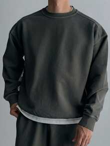 DAZY Spring/Autumn Short Long Sleeve Ribbed Hem & Cuff Design Grey Knit Pullover Sweatshirt For Men - Grey - View 2