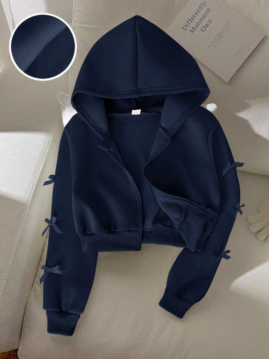 SHEIN 青少年女孩寬鬆休閒極簡舒適日常街頭風連帽修身口袋前拉鍊短版長袖運動衫外套 白色返校穿搭 - 藏蓝色 - 查看 1