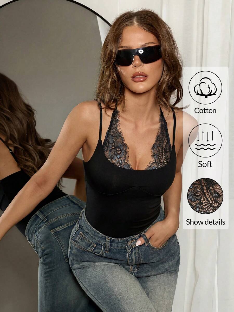 SHEIN ICON Y2K 女款黑色性感夜店風 Coachella 外出穿搭 素色對比蕾絲無袖上衣 - 黑色 - 查看 1