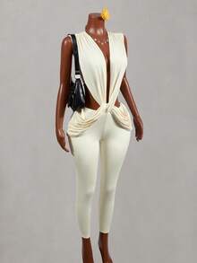Mistrie Women's Solid Color Deep V-Neck Twist Design Cutout Sleeveless Sexy Jumpsuit Party Club Beige Summer - Apricot - View 7