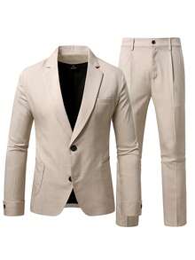 Manfinity Mode Men's Single-Breasted Notch Lapel Long Sleeve Jacket And Pants Casual Commuter Suit Set - Khaki - View 4