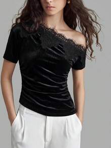 Ontre Women's Black Velvet Slim Fit Asymmetrical Shoulder Lace Trim Short Sleeve Top, Modern Sexy Business Casual Office Dinner Night Out Summer Top - Black - View 5