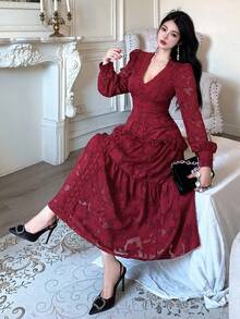 Dazy Tall Women's Deep V-Neck Long Sleeve Cinched Waist Lace Fabric Red Dress Fall - Red - View 3