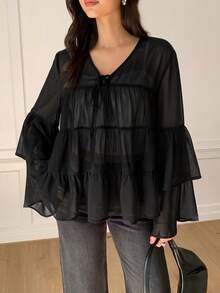 Solavon Women's Solid Color Bell Sleeve Ruffle Blouse - Black - View 5
