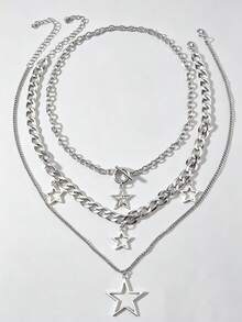 ROMWE Goth 3pcs Fashion Zinc Alloy Star Charm Necklace For Women For Daily Decoration - Silver - View 3