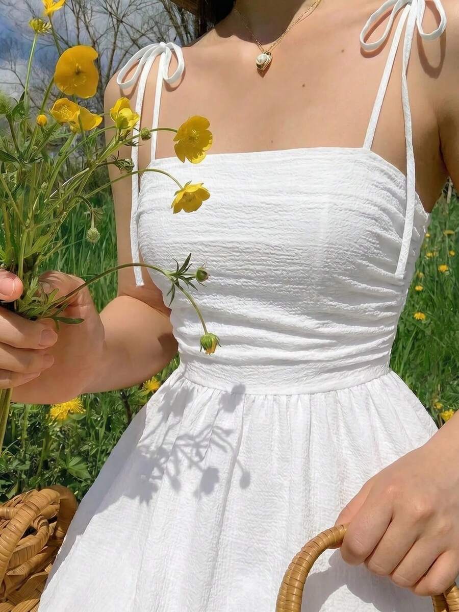 SHEIN MOD 女士夏季纯色褶皱肩带连衣裙 - 白色 - 查看 1