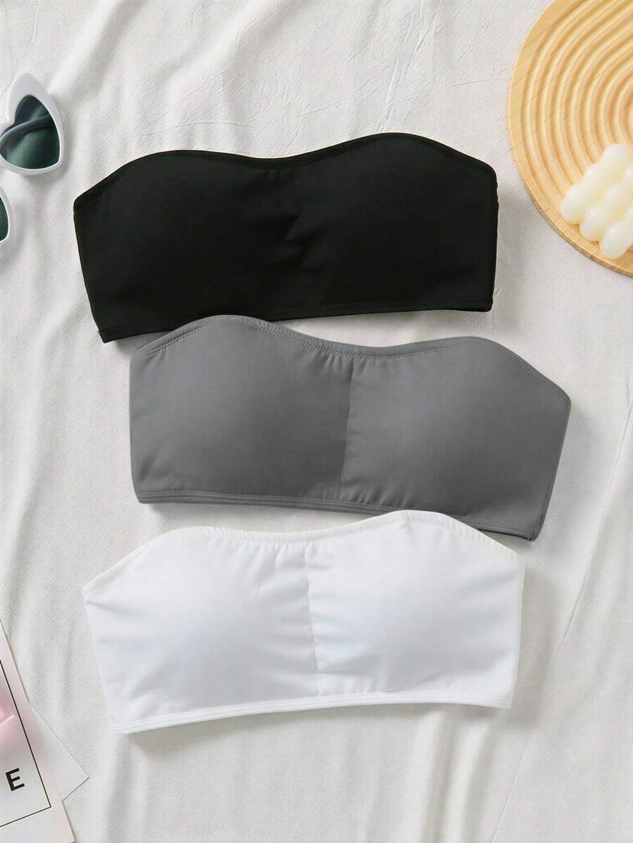 SHEIN Dozemod 童女青少年女孩簡約舒適加厚防滑抹胸平口上衣 3件組 - 彩色 - 查看 1