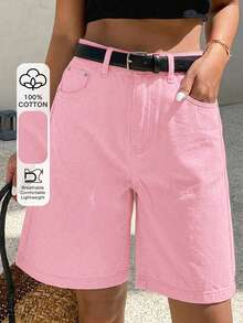DAZY Women's Comfortable Casual Loose Fit Denim Bermuda Shorts, Summer - Pink - View 1