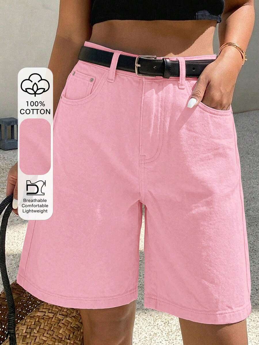 DAZY Women's Comfortable Casual Loose Fit Denim Bermuda Shorts, Summer - Pink - View 1